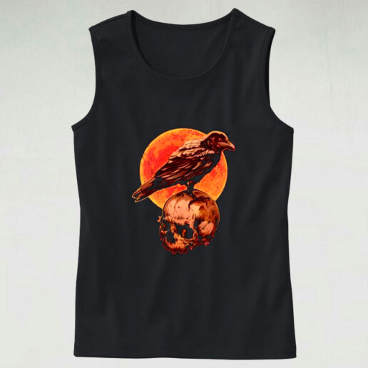 Halloween Cool Raven Crow Skull And Moon Graphic Tank Top