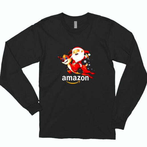 Amazon Santa Claus Riding Reindeer Christmas Essential Long Sleeve Shirt
